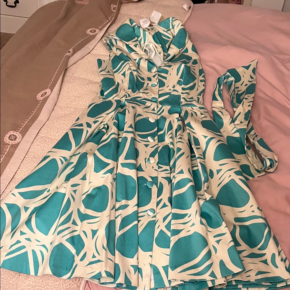 Asymmetrical Teal and Cream Dress
